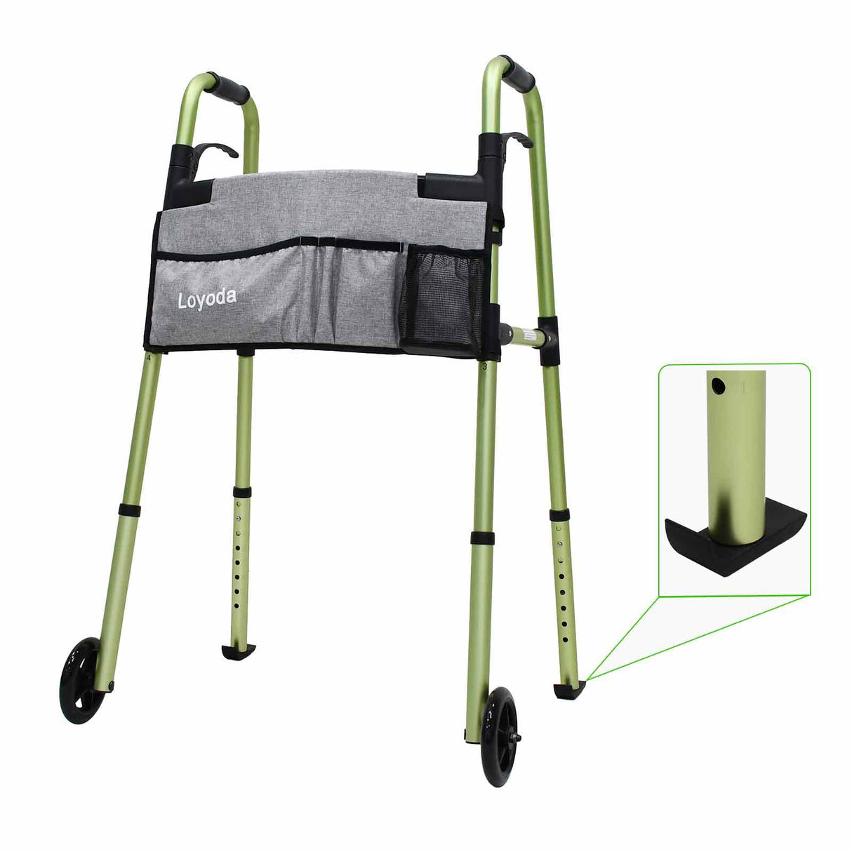 Loyoda Folding Walkers for Seniors,FSA/HSA Eligible Medical Walker with Storage Bag and Glide Skis 5'' Front Wheel Lightweight Walker Height Adjustable Aluminum Standard Walker for Disabled (Green)