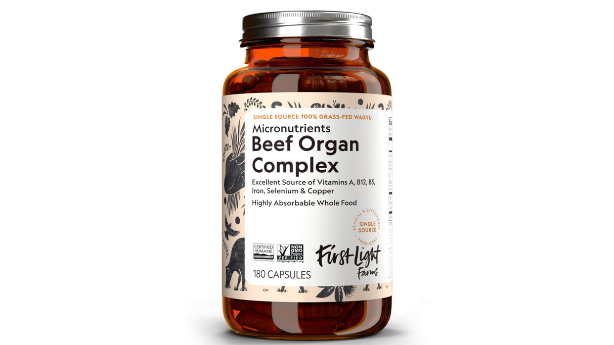 First Light Farms Freeze-Dried Wagyu Beef Organ Supplement Grass-Fed | 180 Capsules | Whole Food Nutrition with Liver, Heart, Kidney & Spleen | Beef Organ Complex, Certified Humane