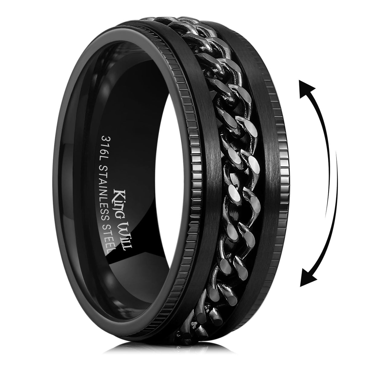 King Will Stainless Steel Fidget Ring 8mm Step Black Chain Spin Size 10