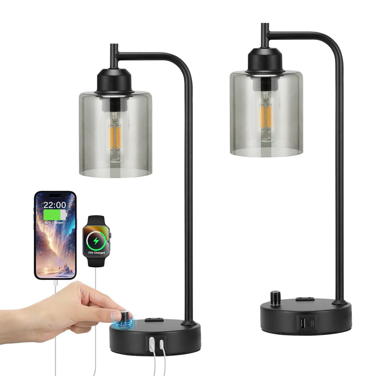Innqoo Industrial Table Lamps for Bedrooms Set of 2 - Fully Dimmable Bedside Lamps with USB Ports and Outlet, Copper Nightstand Lamps with Glass Shade for Living Room, Desk Lamps for Office Reading