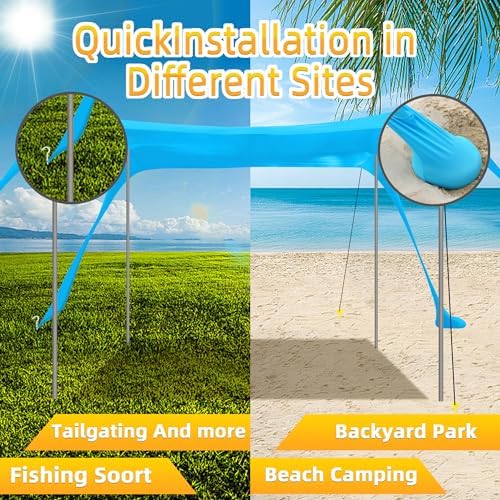 BOTINDO Family Beach Tent Canopy Sun Shade, Pop Up Grande Beach Tent Sun Shelter Stability 4 Poles with Portable Carry Bag Outdoor Shade for Fishing Backyard Camping