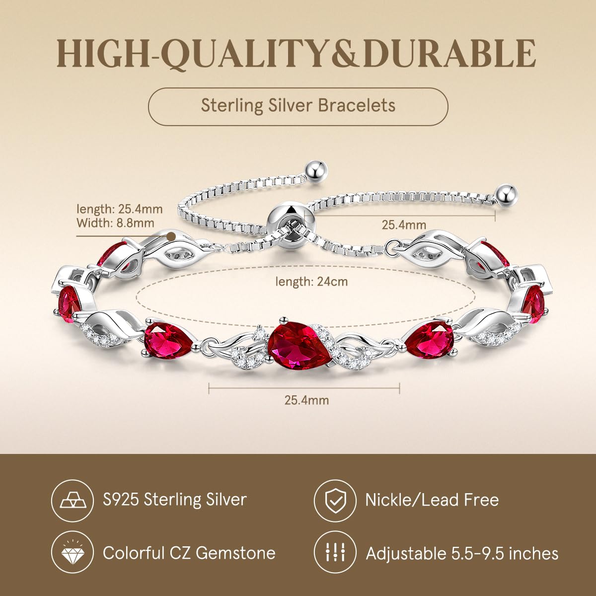 FANCIME July Birthstone Teardrop Ruby Tennis Bracelet for Women, Sterling Silver 9x7mm main Gemstone Bolo Adjustable Chain Bracelet Fine Jewelry Birthday Gifts for Women Mom Wife Her
