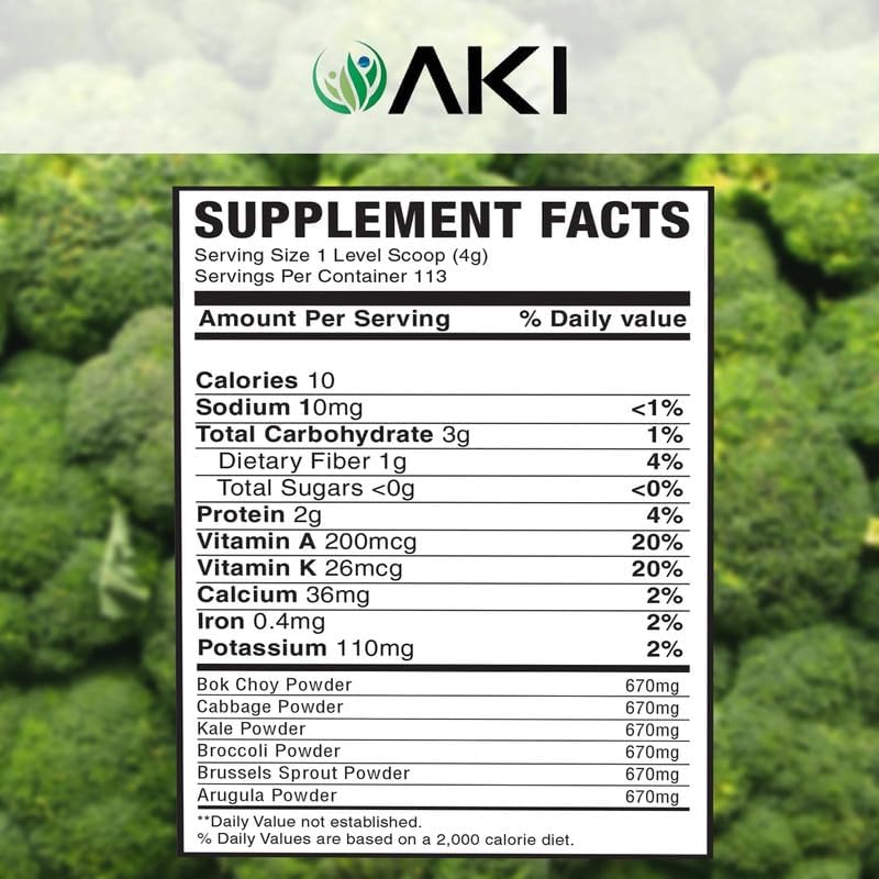 AKI Cruciferous Superfood Green Mix Powder - Made from Kale, Broccoli, Brussels Sprouts, Cabbage - Packed with Essential Phytonutrients & Vitamins ((5.3oz/150g))