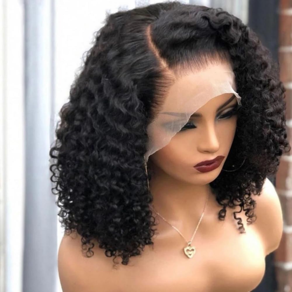 Besurina Curly Bob Wig Human Hair 14 Inch Glueless 13x4 Lace Front Wigs Pre Plucked for Black Women 180% Density Mongolian HD Kinky Curly Bob Lace Frontal Wigs Wet and Wave
