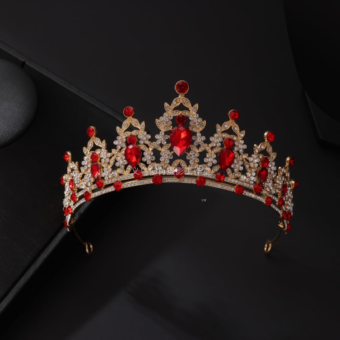 Geurlev Tiaras and Crowns for Women,Tiaras Earrings Necklace, Crystal Bridal Jewelry Set (Gold Red)
