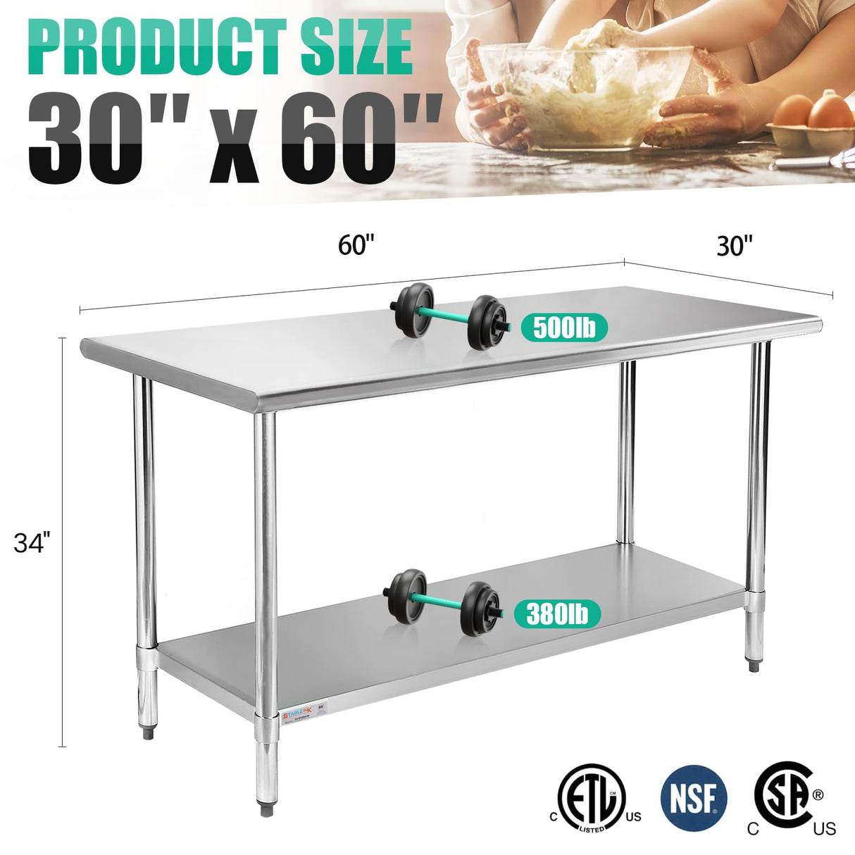 STABLEINK NSF Stainless Steel Table 30 x 60 Inches 5ft Metal Prep & Work Tables with Adjustable Undershelf, for Commercial Kitchen, Restaurant, Hotel, Laundry Room and Garage