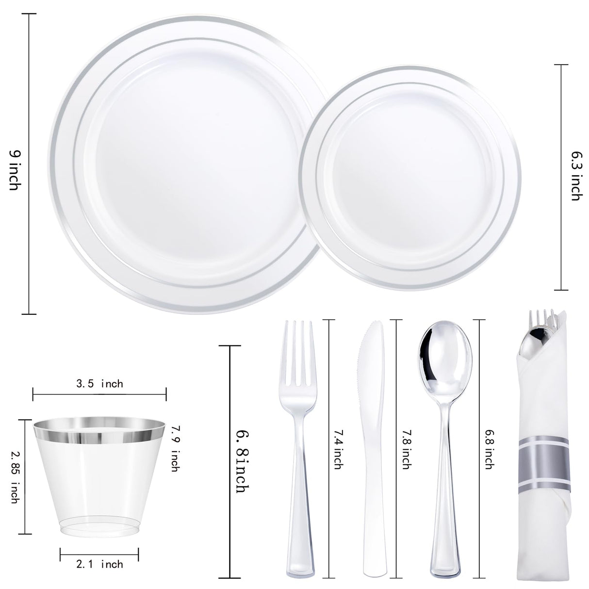 WDF Partyware 350Piece Silver Plastic Dinnerware Set for 50 Guests - Silver Plastic Plates with Cutlery Include:50Dinner Plates-50Dessert Plates-50Pre Rolled Napkins with Silverware for Christmas