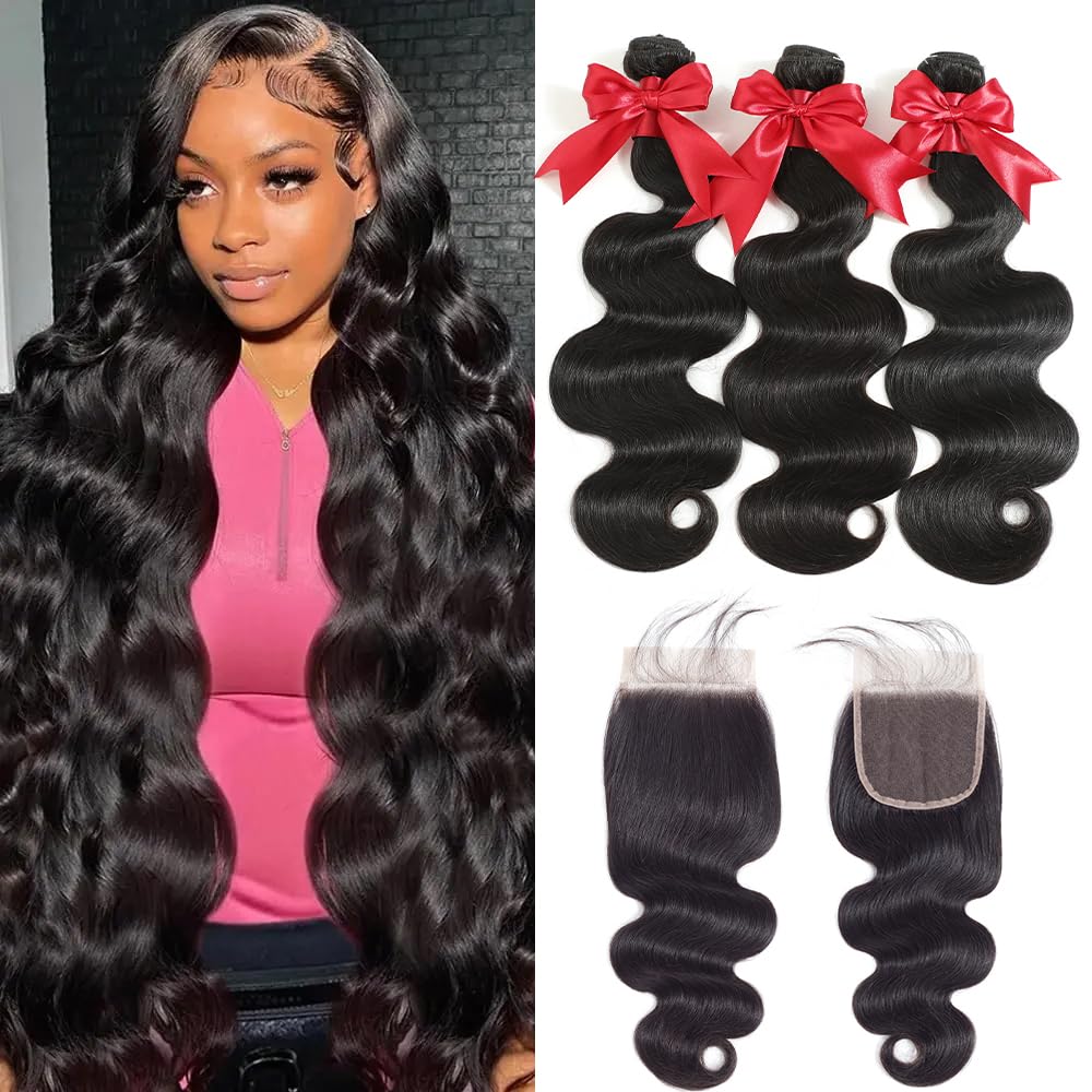 12A Human Hair Bundles with Closure 18 20 22 with 16 Inch Brazilian Body Wave Bundles Human Hair with Closure 100% Unprocessed Virgin Human Hair Weave 3 Bundles Deals with 4x4 HD Lace Closure