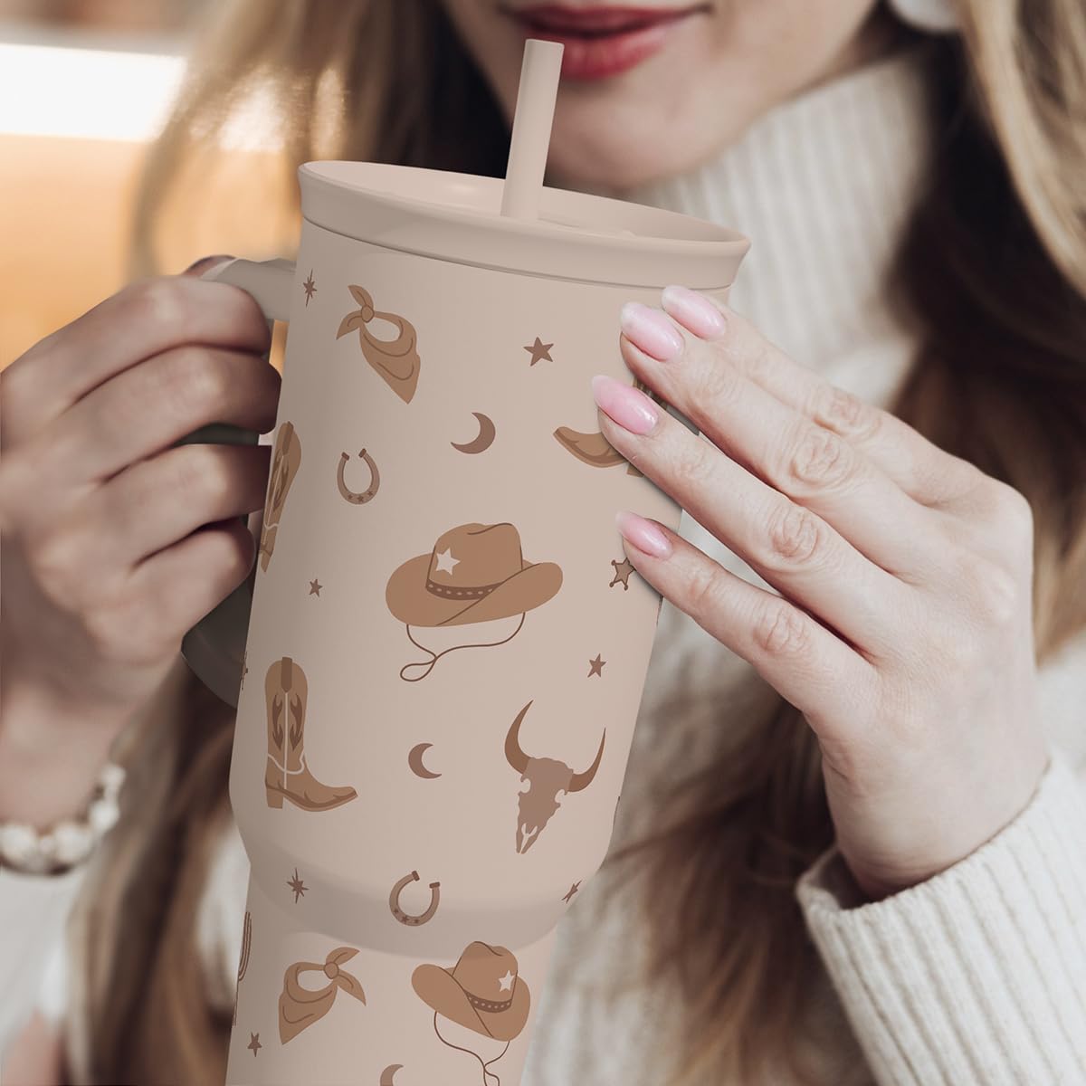 Cowgirl Tumbler 40oz for Women Girls – Stainless Steel Travel Coffee Mug Cup with Handle and Straw, Gift for Birthday Christmas