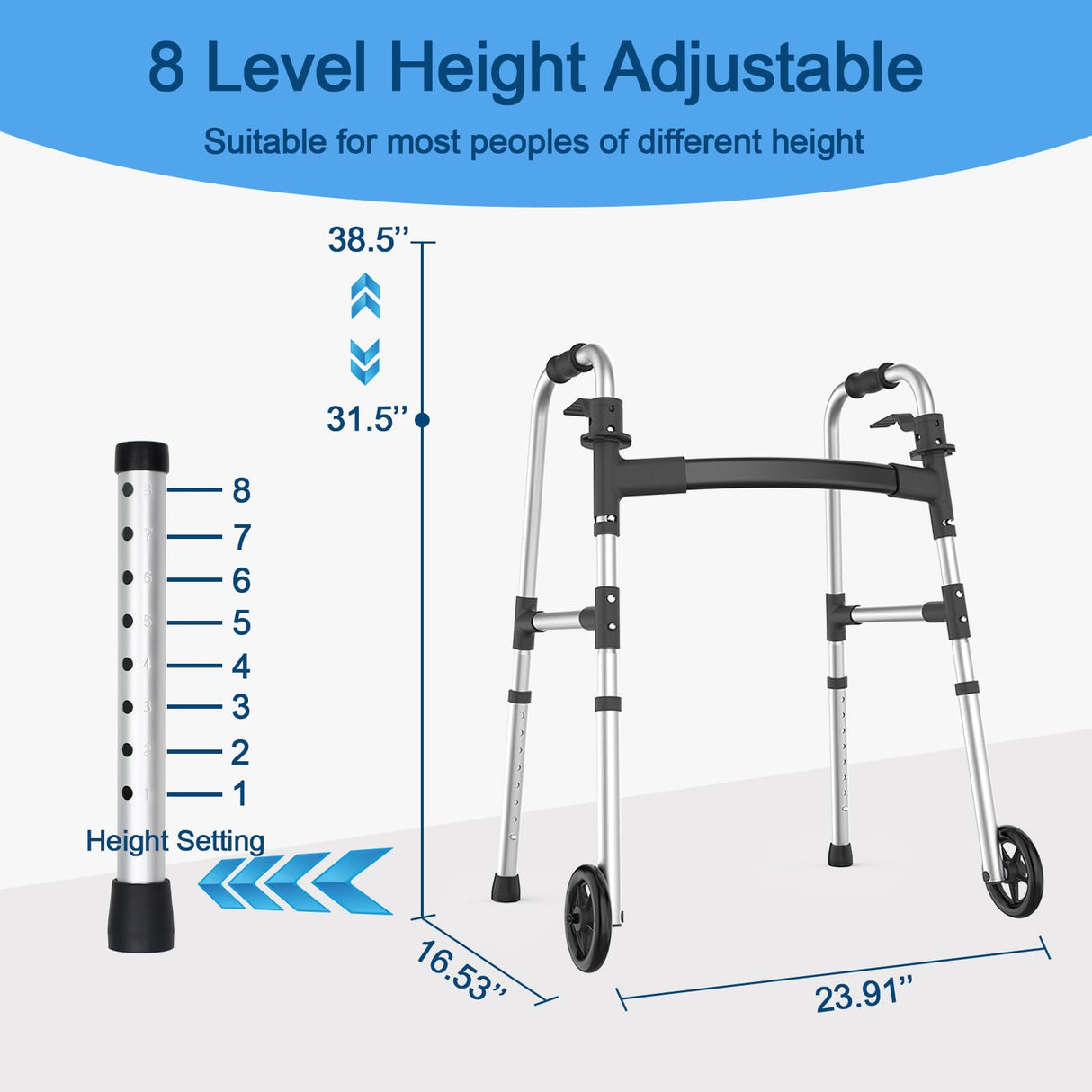 Loyoda Walkers for Seniors, FSA/HSA Eligible Folding Walker with Ski Glides 5'' Front Wheel Medical Lightweight Walker Height Adjustable Aluminum Standard Walker for Handicap and Adults (Silver)