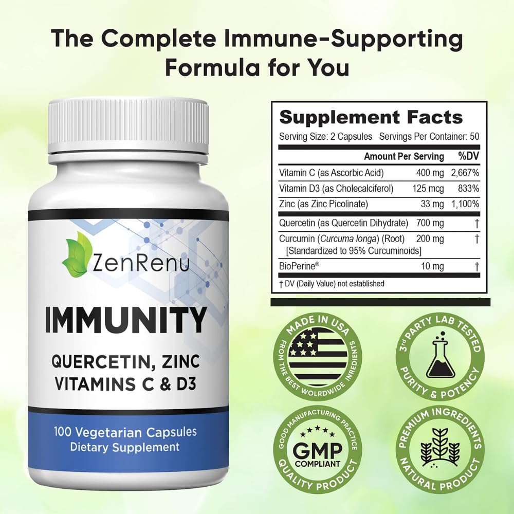 Zenrenu Immunity Quercetin 700 mg Zinc Vitamin C Vitamin D Immune Support Supplement with Curcumin - Easy to Absorb Immunity Supplement, 100 Vegetarian Capsules 50 Day Supply
