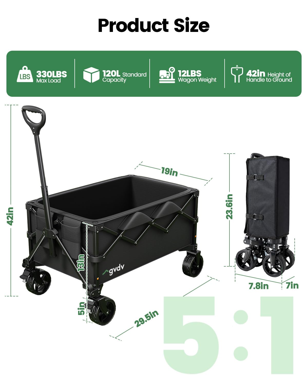 GVDV CW35 Wagons Carts Foldable, 42 in Extended Handle Collapsible Wagon