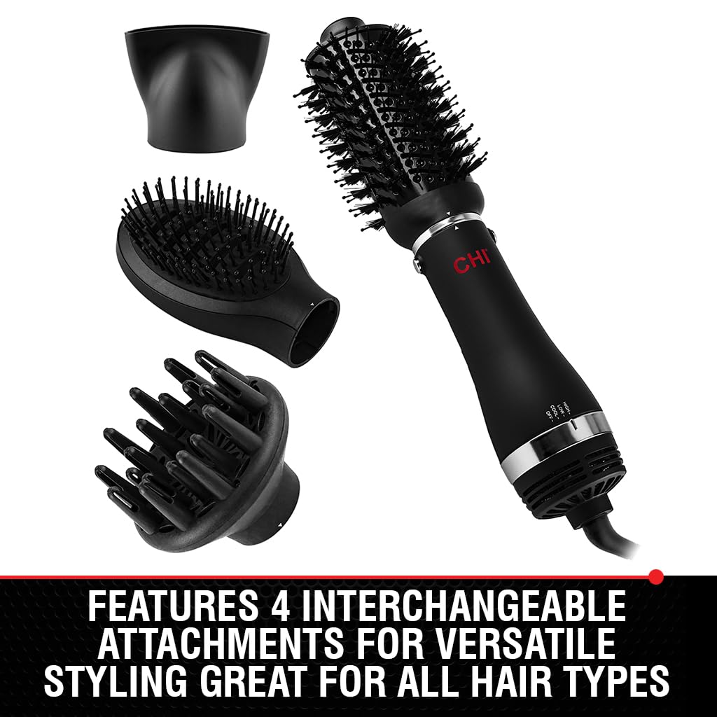 CHI Volumizer 4-in-1 Blowout Brush, Hair Dryer Creates Smooth, Silky & Shiny Hair, Four Interchangeable Attachments For Versatile Styling, Black