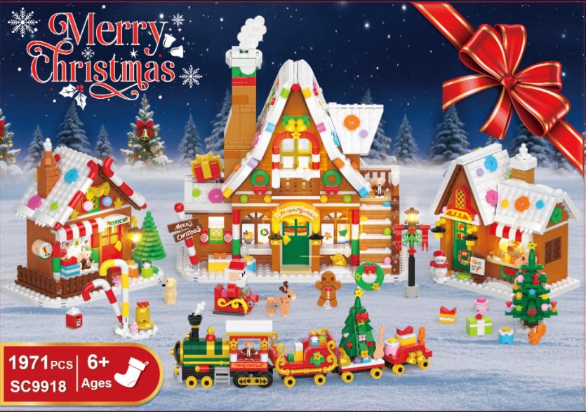 PLAXSOON Christmas Gingerbread House Village Mini Building Set with Lights, 1955 PCS Holiday Village Building Block Toy with Xmas Tree Train Santa for Home Decor, Gift for Adults Kids Girls Boys 14+