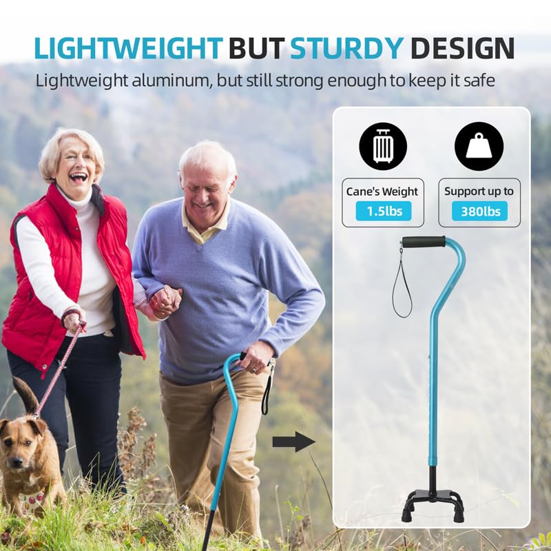 BeneCane Quad Cane Adjustable Walking Cane with Offset Soft Cushioned Handle for Men & Women Lightweight Comfortable with 4-Pronged feet for Extra Stability(Blue)