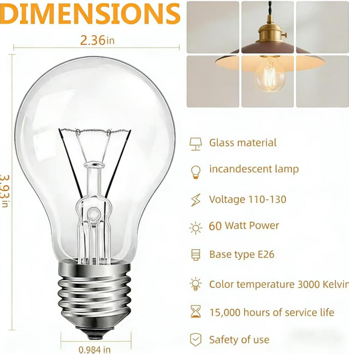 JUNFMLY Clear 60 Watt Incandescent Light Bulbs, A19 Shape, Dimmable, 2700K Soft White, E26 Base, 6 Pack