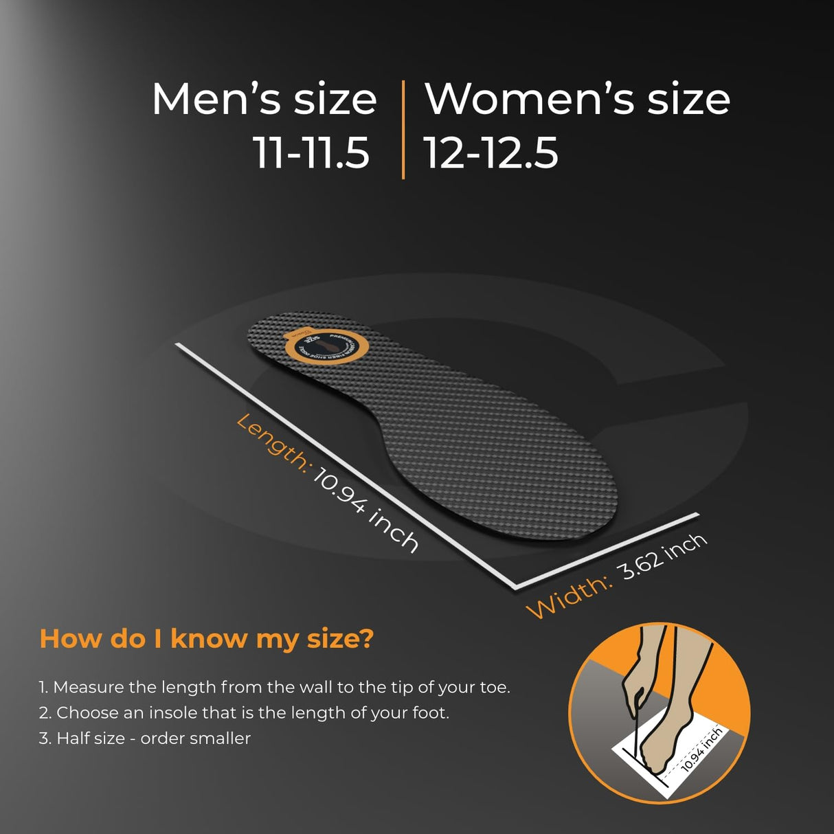 Carbon Fiber Insole - 1 pc, Men 11-11.5, Women 12-12.5 - Unisex Shoe Insert - Stiff Foot Plate - Orthotic Insole - Turf Toe, Hallux Rigidus, Flat Feet, Plantar Fasciitis, Mortons Extension