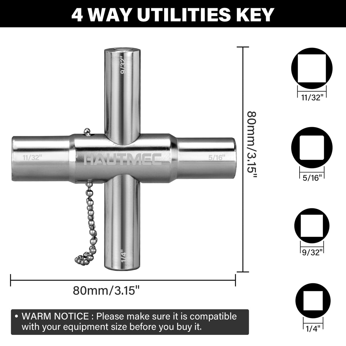 HAUTMEC 3pcs 4 Way Sillcock Water Key Faucet Valve Tool Spigot Key 1/4", 9/32", 5/16", 11/32" PL0028-3