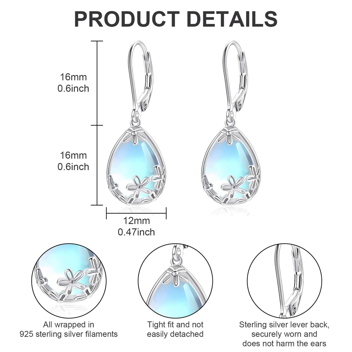 EVERU 925 Sterling Silver Moonstone Dangle Earrings Jewelry Gif for Women