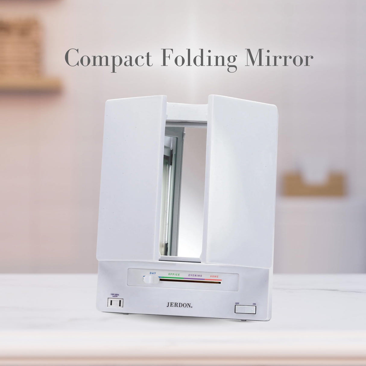 JERDON Tri-Fold Two-Sided Makeup Mirror with Lights - Vanity Mirror with 5X-1X Magnification & Multiple Light Settings - White - Model JGL9W