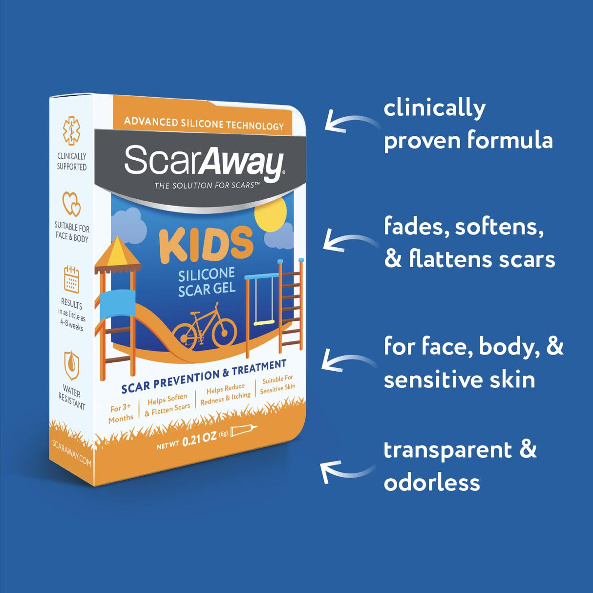 ScarAway Kids Silicone Scar Gel, 100% Medical-Grade, Helps Improve Size, Color & Texture of Hypertrophic & Keloid Scars on Face & Body from Injury, Burns & Surgery, Water Resistant, Clear, 6g