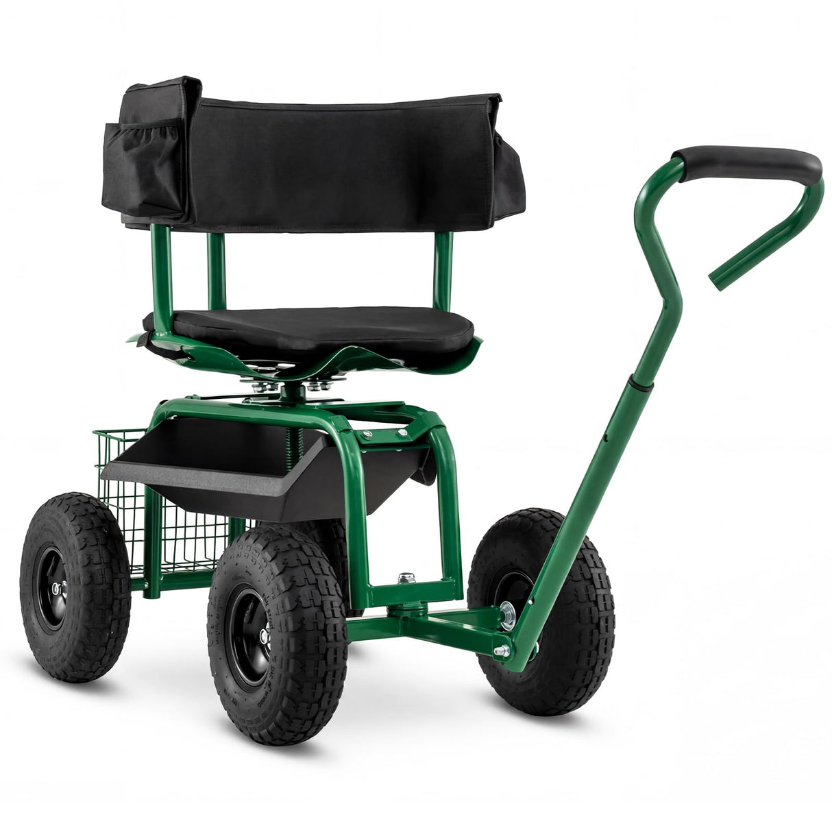 Goplus Garden Seat with Wheels, Rolling Gardening Stool with Adjustable 360° Swivel Seat, Tool Tray & Storage Basket, Extendable Handle, Outdoor Gardening Scooter, Garden Cart Workseat for Seniors