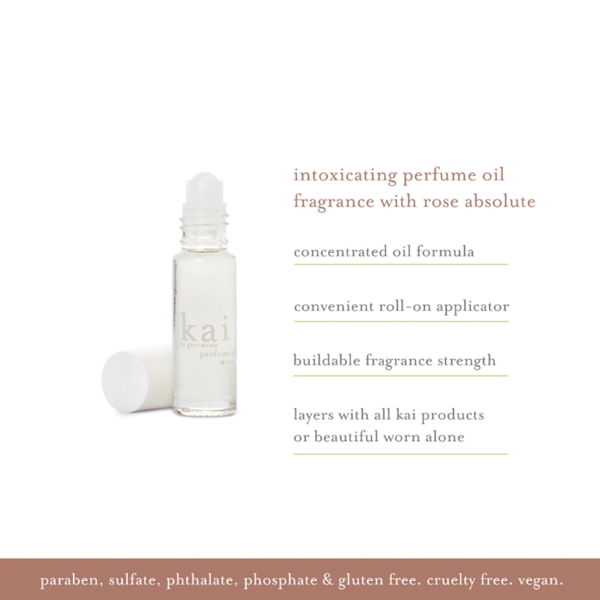 kai perfume oil. rose absolute, gardenia wrapped in white exotic flowers, layered with rose absolute. eau de perfume roll-on oil, 1/8 fl oz., vegan, cruelty free, made in the usa