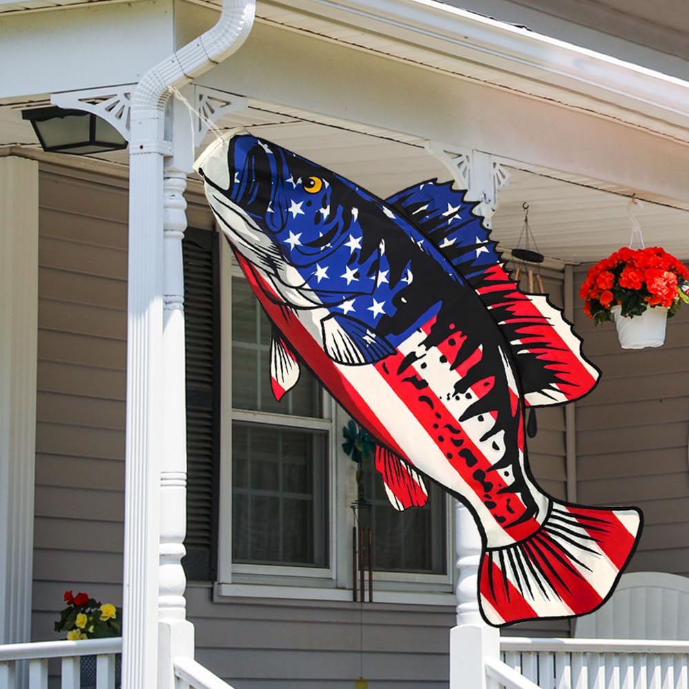 YMYIELD Patriotic USA American Fish Windsock 40 Inch Durable Outdoor Hanging Decoration for Yard Garden Patio Home and More