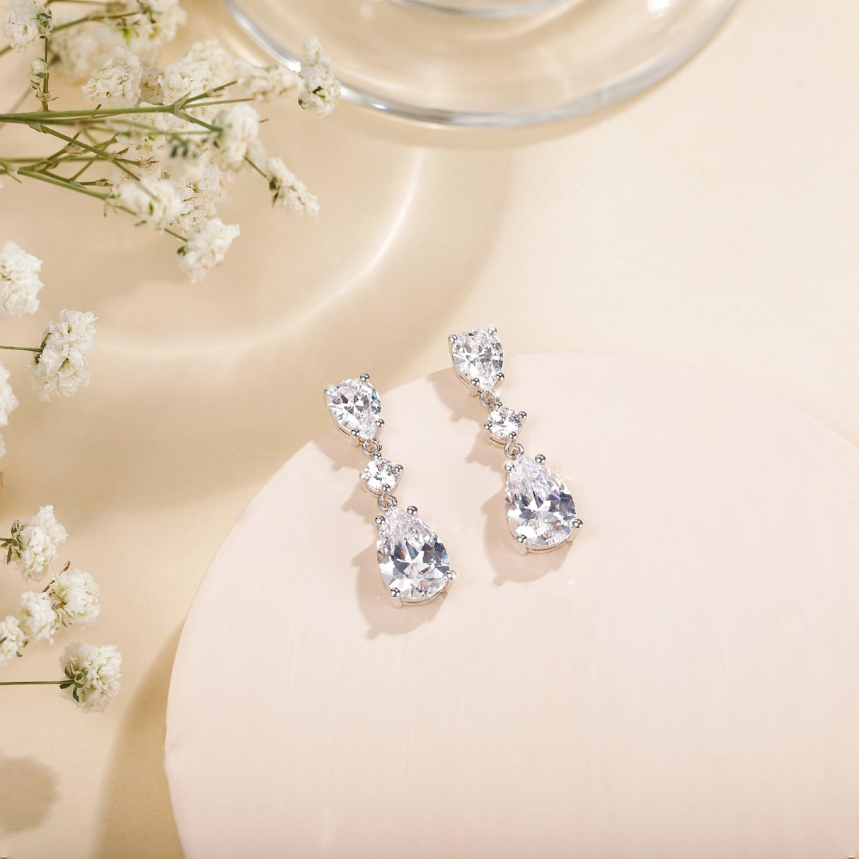EAMTI Wedding Earrings for Brides Dangle Cubic Zirconia Pear Cut 925 Sterling Silver Post Engagement Earrings for Women