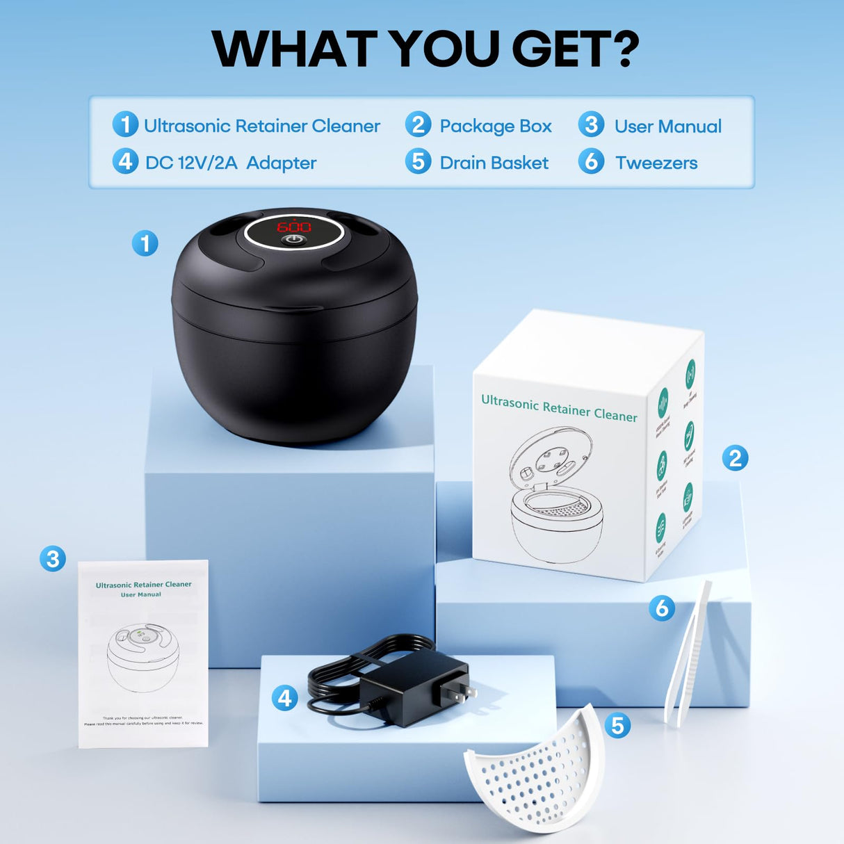 Upgraded Ultrasonic Retainer Cleaner Machine, 45kHz Ultrasonic Dentures Cleaner for Night Guards, Braces, Aligner, Toothbrush, Jewelry and More, 200ML Capacity, Black