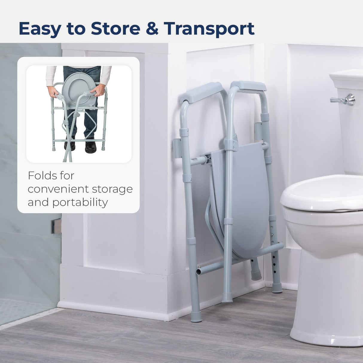 Drive Medical RTL11158KDR Folding Steel Bedside Commode Chair, Portable Toilet, 350 Pound Weight Capacity with 7.5 Qt. Bucket, Grey