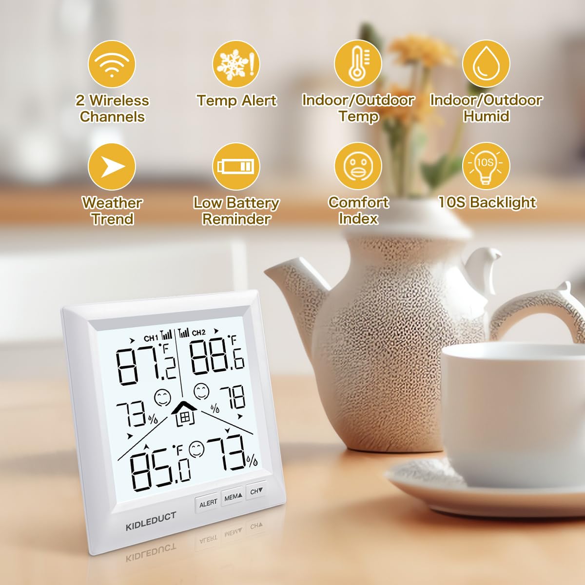 KIDLEDUCT Indoor Outdoor Thermometer Wireless Battery Powered, High Precision Inside Outside Humidity Temperature with Alert, Backlight Weather Thermometers with 2 Sensors, 330ft Wireless, White