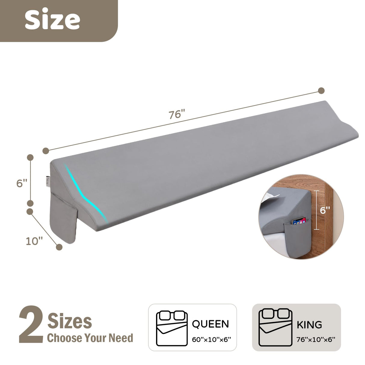 Selectico Bed Wedge Pillow Headboard, Queen Headboard Pillow/Bed Gap Filler(60"x10"x6") Mattress Gap Filler(0-5"), Head Support Sleep Wedge Pillow, Grey