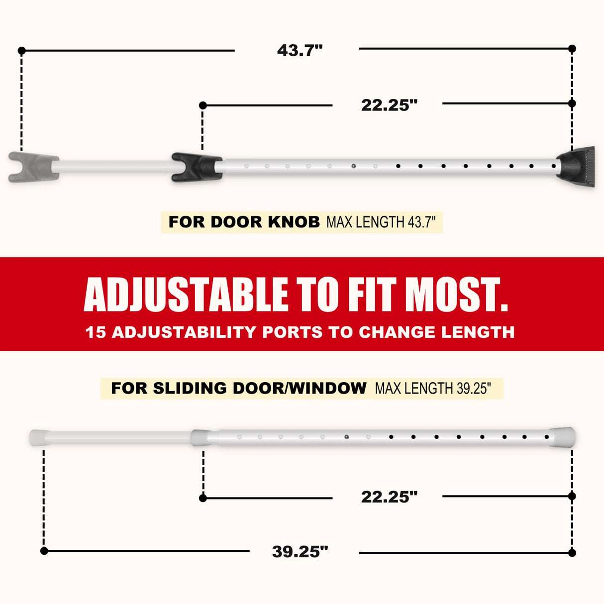 SecurityMan Adjustable Door Security Bar - Constructed of High Grade Iron - Great for Apartment Security or Home Protection Door Stoppers -(18.25”-47.5” for Doors / 18.25”-46.5” for Patio Doors) White