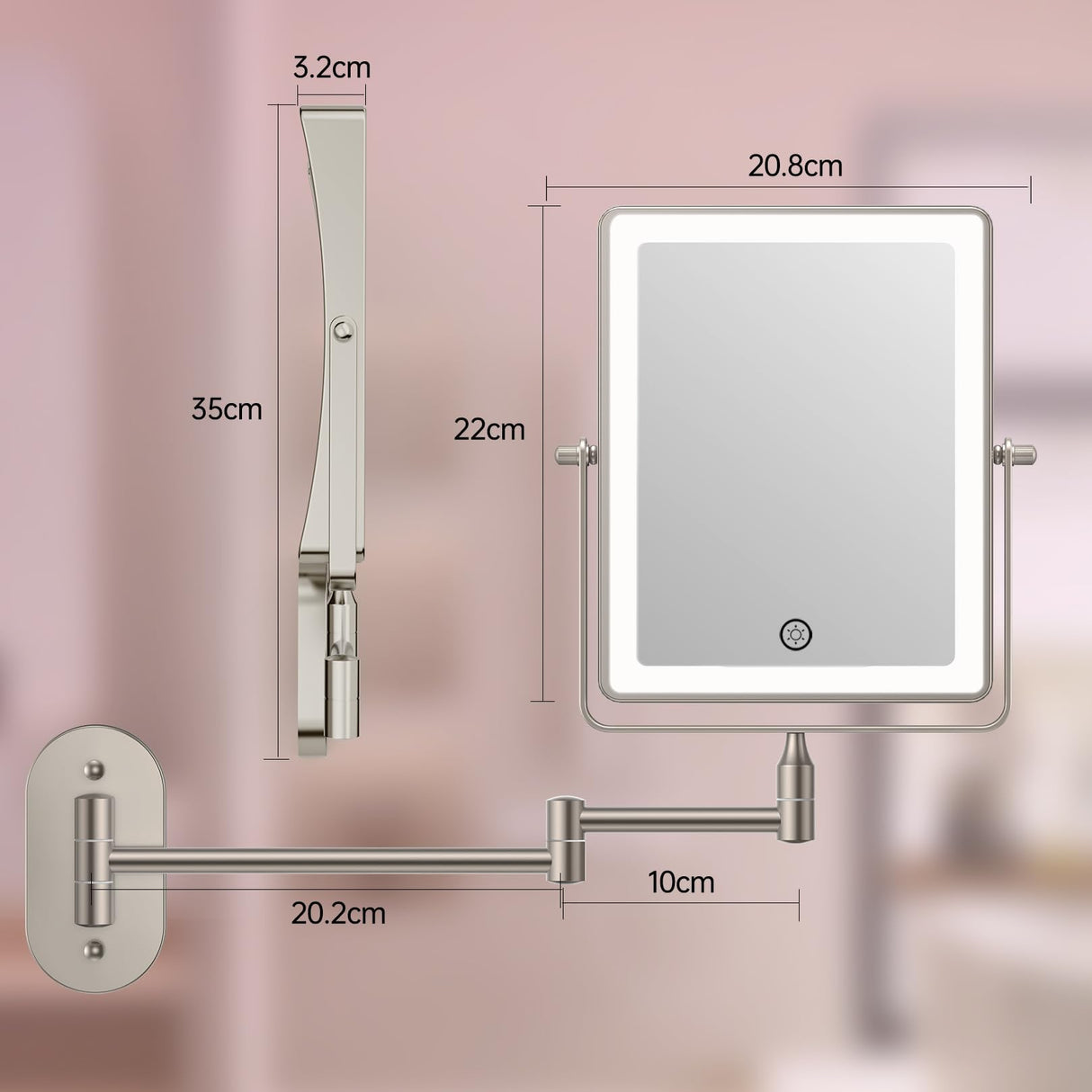 FASCINATE Rechargeable Wall Mounted Makeup Mirror, Bathroom Mirror Rectangle 8.7 Inch Double Sided 1X 10X Magnifying, 3 Color Setting, Extended Arm 360° Swivel Foldable Nichel