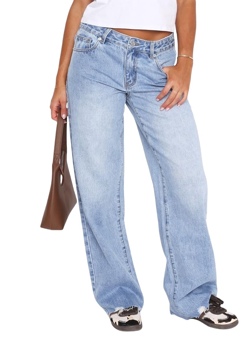 Sxidecgqi Women's Wide Straight Leg Denim Jeans Mid Low Waist Baggy Jeans for Women Frayed Raw Hem Loose Boyfriends Denim Pants Y2K 90S Casual Trousers(Light Blue XL)