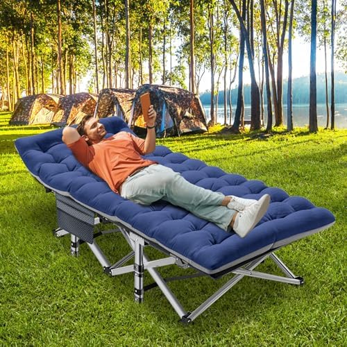 ABORON Folding Camping Cot W/Mat for Adults, Heavy Duty Outdoor Bed with Carry Bag,1200 D Layer Oxford Travel Camp Cots