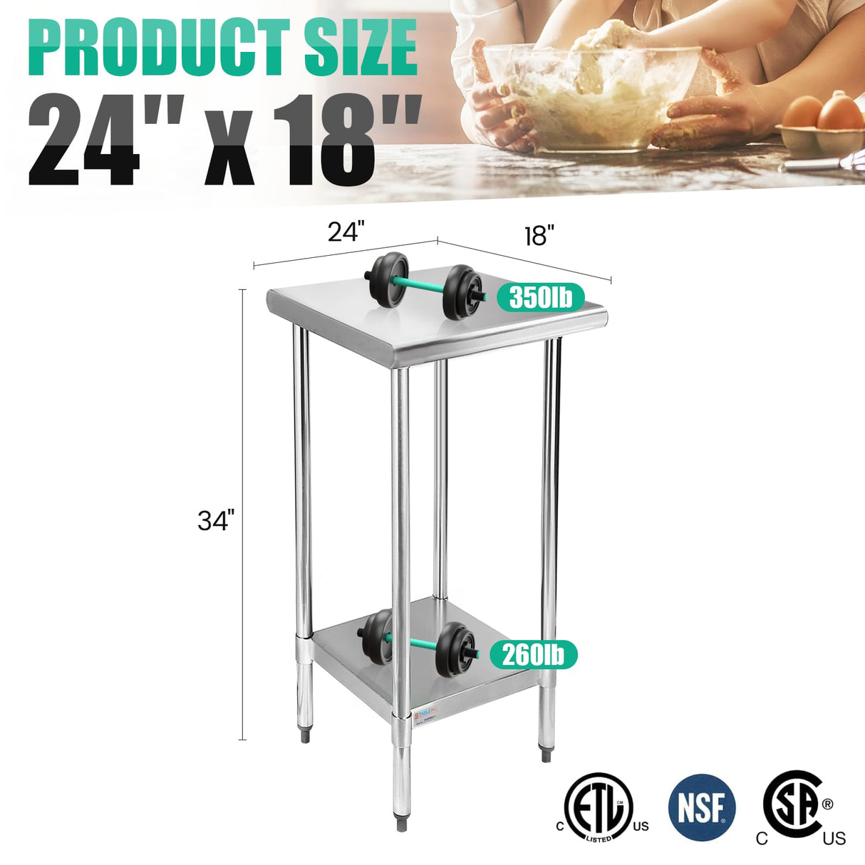 STABLEINK NSF Stainless Steel Table, 24 x 18 Inches Small Metal Prep & Work Table with Adjustable Undershelf, for Commercial Kitchen, Restaurant, Hotel and Garage