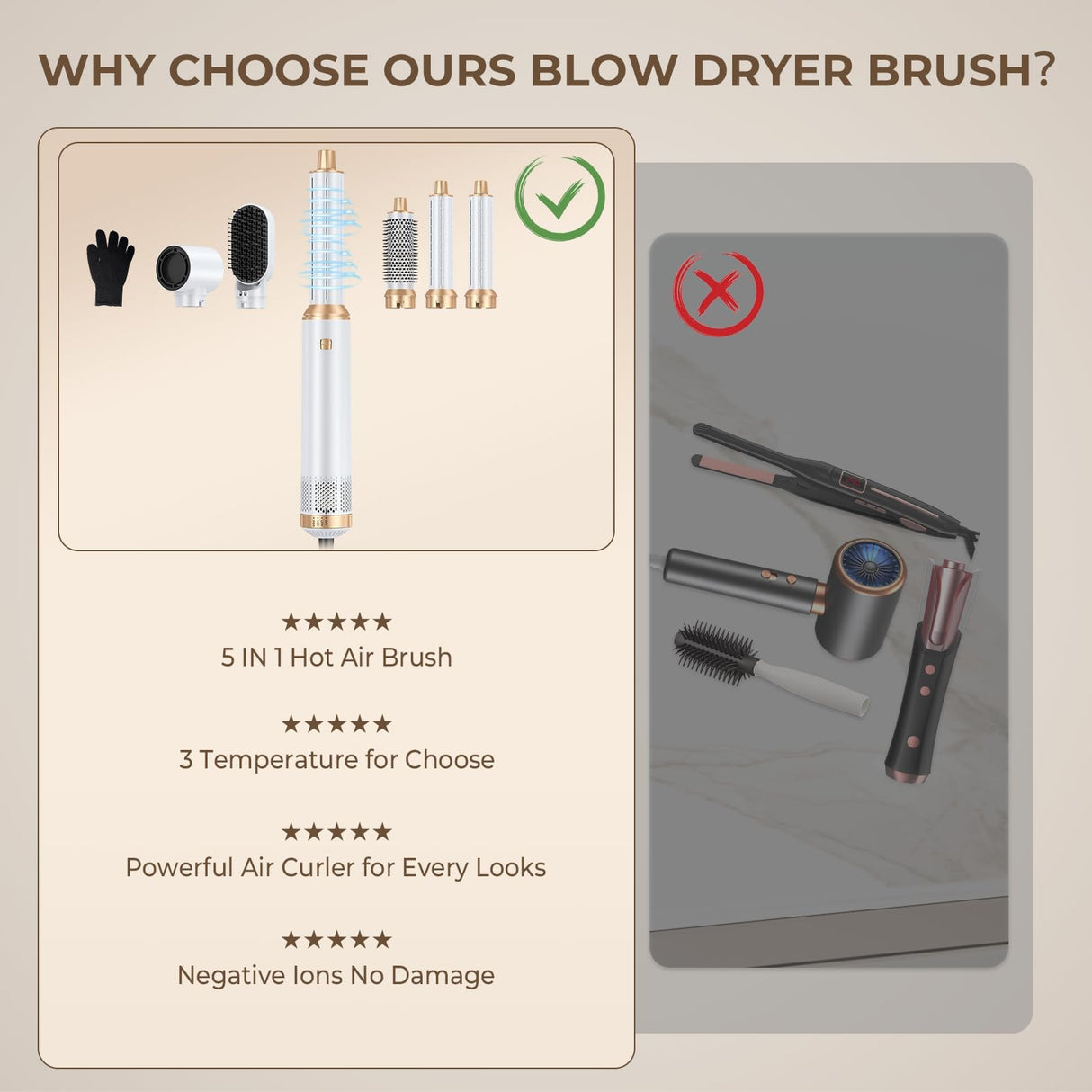 5 in 1 Blow Dryer Brush, Upgrade Hair Dryer Brush Air Curler Air Curling Wrap Styler, Detachable Hot Air Brush Negative Ion Curling Brush Iron, Hair Styling Tools for Drying Curling Straightening