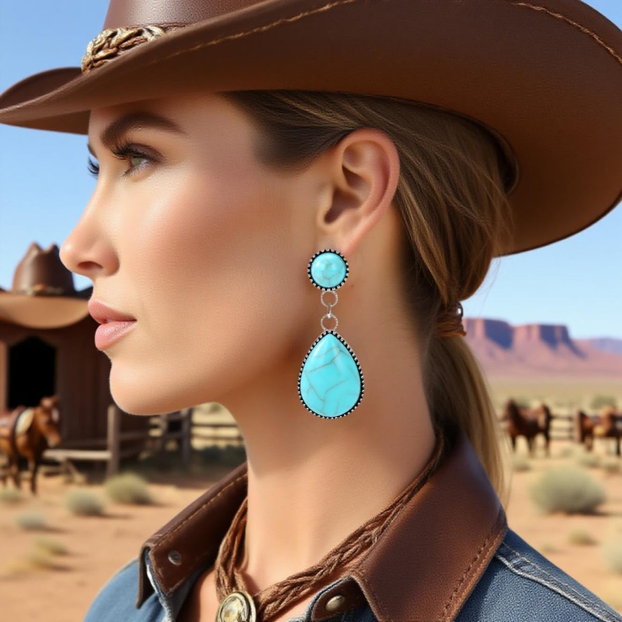 OLngMaMa Western Jewelry for Women - Boho Turquoise Jewelry Set with Turquoise Necklace, Earrings, Bracelet & Rings (turquoise boho style)
