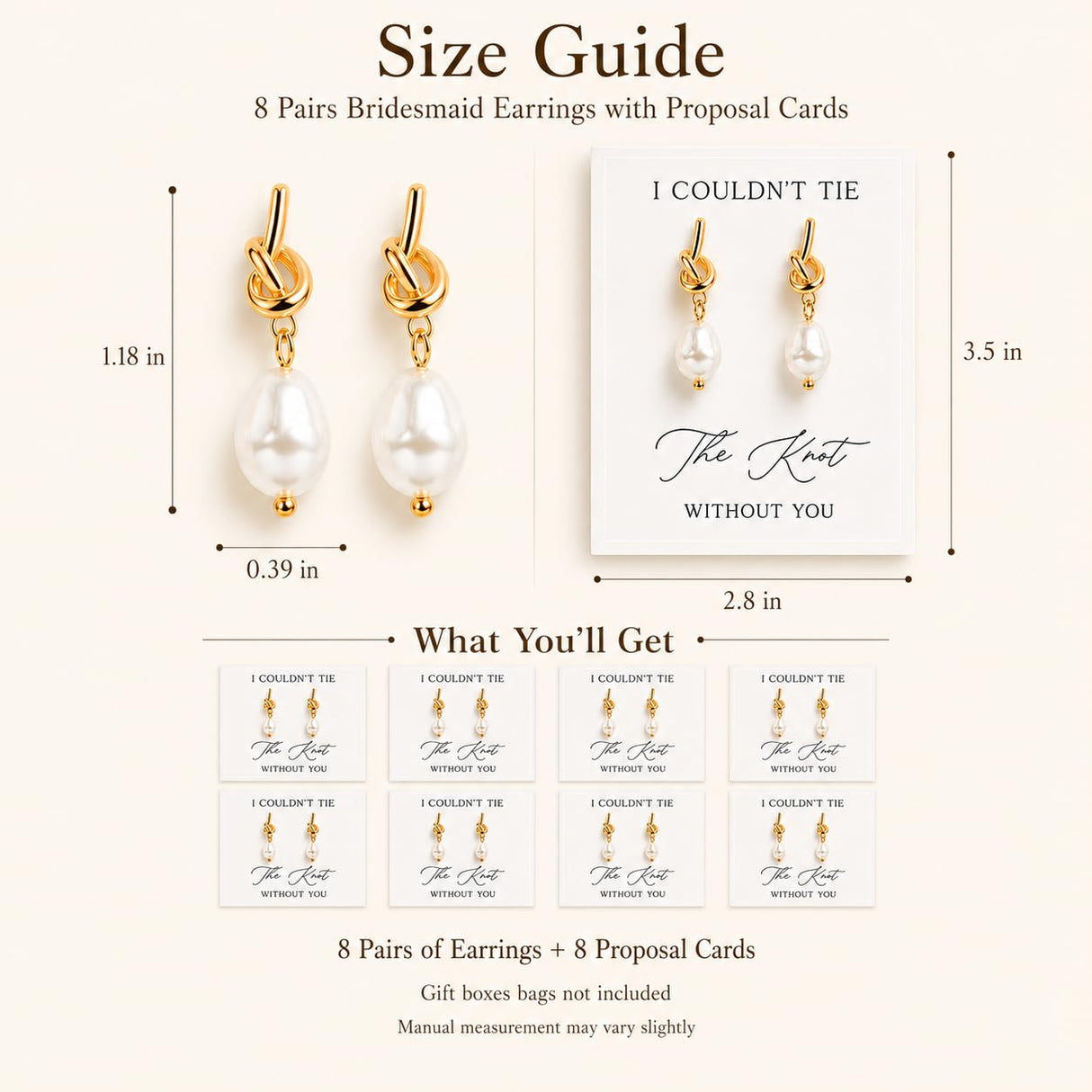 Bridesmaid Earrings for Bridesmaids 8 Pairs Gold Knot Pearl Wedding Jewelry Set Bridesmaid Proposal Gifts for Bridal Party