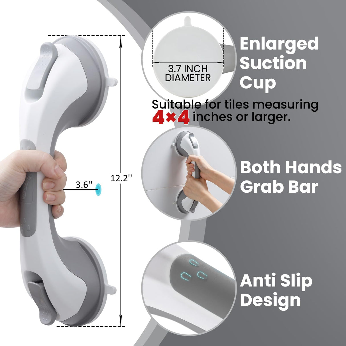 TAILI Shower Grab Bar Glow in The Dark, 2 Pack 12.2 in Grab Bars for Bathtubs and Showers,Shower Handles Shower Rails for Seniors and Elderly,Bathroom Safety Grip Removable No Drilling Waterproof Grey
