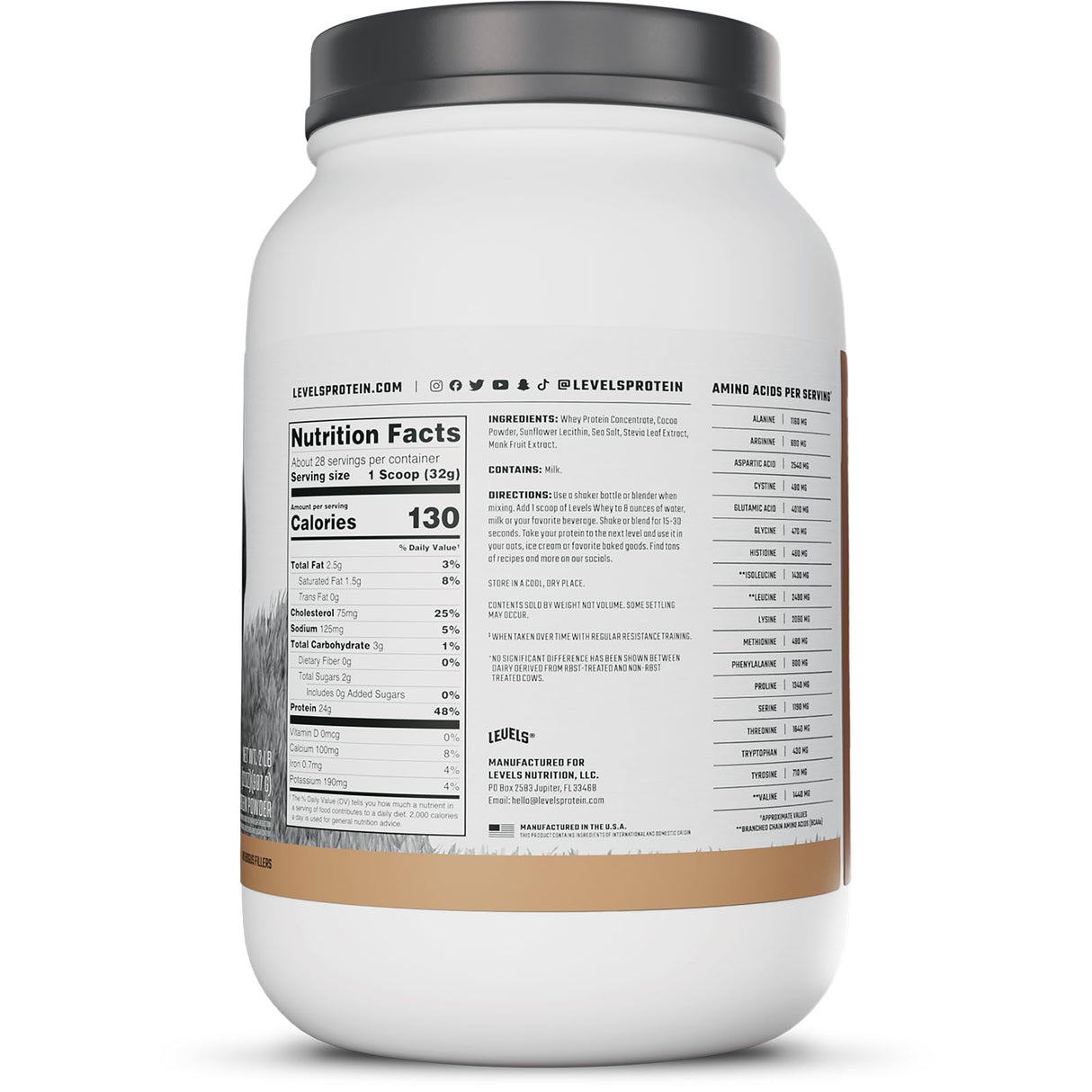 Levels Grass Fed Whey Protein Powder, No Artificials, 24G of Protein, Pure Chocolate, 2LB