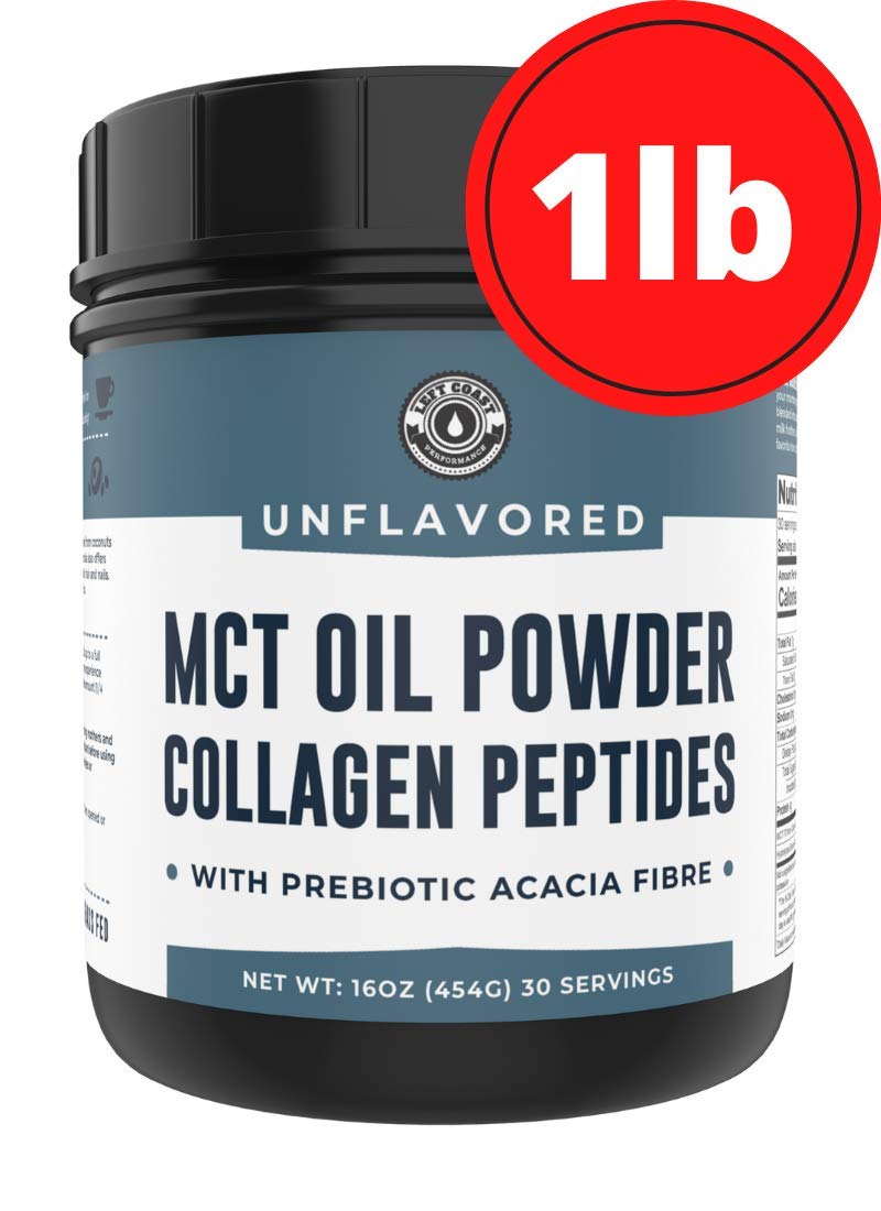 MCT Oil Powder with Acacia Fiber & Collagen Peptides – Prebiotic Collagen Protein, 10g MCTs from Coconuts, Sugar Free Keto Coffee Creamer – Grass Fed, Unflavored, Non-GMO, Gluten Free, 16 oz