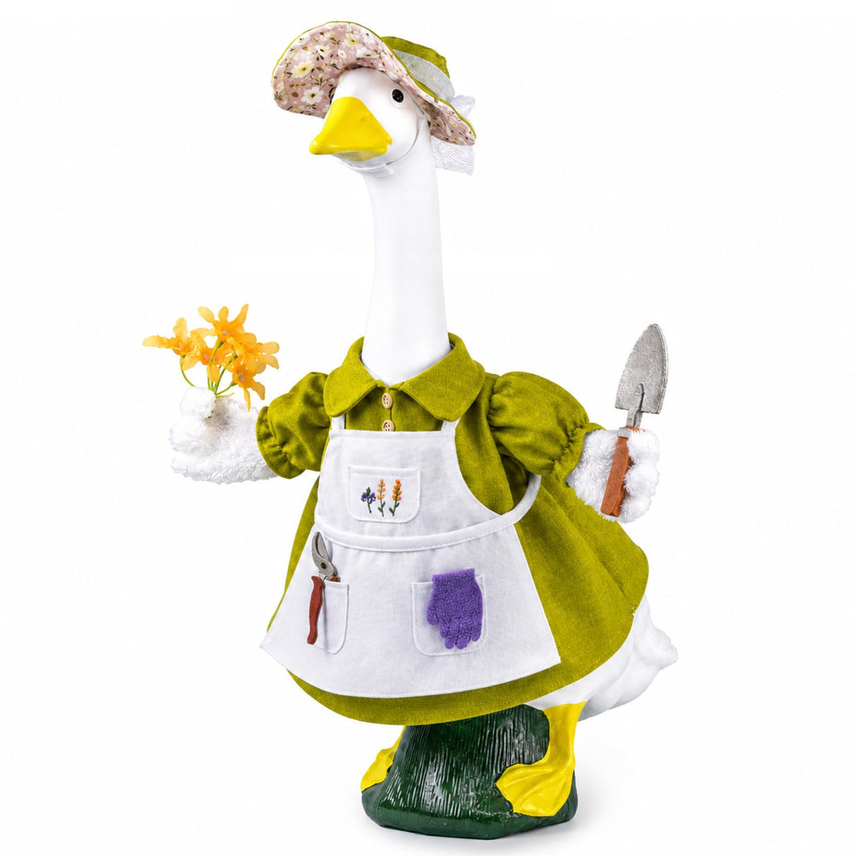 HALSHI Spring Gardener Porch Goose Outfit for 23 Inch Plastic Cement Goose Statue, Goose Outfit Clothes with Hat, Felt Tools & Flower for Outdoor Garden Yard Patio Art Decor