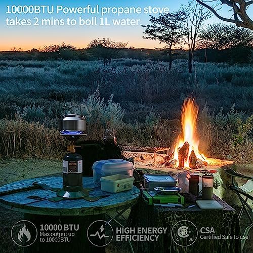 BottleTop Propane Stove with Adjustable Burner,Portable Camping/Backpacking Cooker 10000BTU,Camping Stove Propane,Single Burner Propane Stove,Camp Gas Stove with a USB Ligther (Fuel not included)