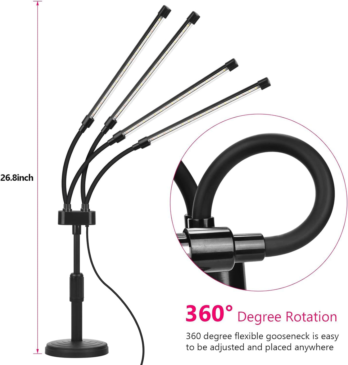 SYEIORAOM Grow Lights for Indoor Plants, Four Head LED Grow Light with Full Spectrum, Red White Spectrum for Indoor Plant Lamp, Adjustable Gooseneck, Suitable for Vegetation