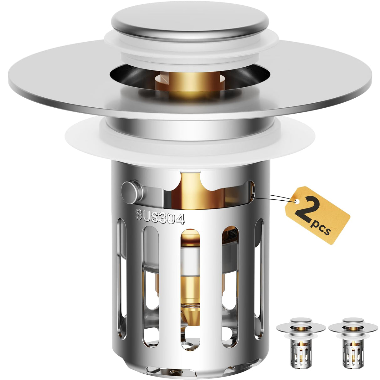 5-in-1 Bathroom Sink Stopper, 2 Pc Pop-Up Drain Stopper with Removable Hair Catcher, Anti-Clog Strainer, Odor Blocking & One-Way Flow Design, All Metal Brass Core & Stainless Steel, Fit 1.1"–2.36"