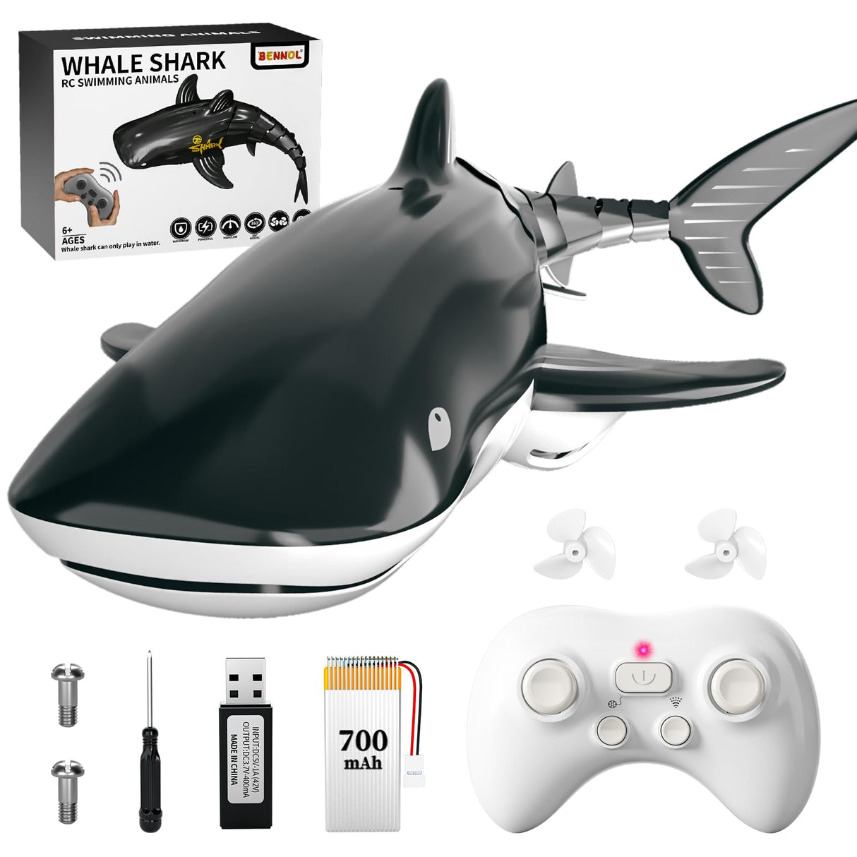 Bennol 2.4Ghz Remote Control Whale Shark Toy for Kids, 1:18 Scale High Simulation Electric RC Fish for Pool, Birthday Christmas Toys for 4-9 Year Olds Boys and Girls