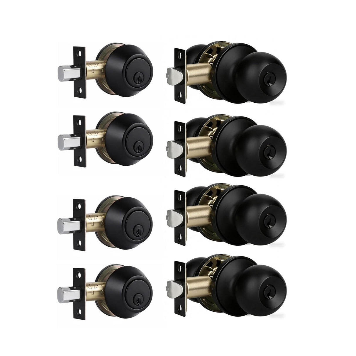Front Door Lock Set Exterior Door Lock Set with Deadbolt, Single Cylinder Deadbolt Lock and Door Knob Set, Keyed Alike,Matte Black Door Knob and Deadbolt Set(4Pack Set)